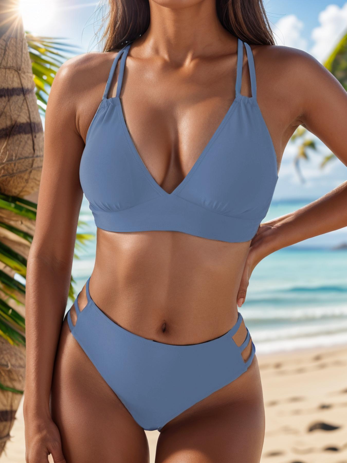Women's Plain Cut Out Criss Cross Bikinis Set, Solid Double Strap Swim Top & High Waist Swim Bottom Swimsuit Set for Summer, Summer Outfits 2024, Women's Swimwear for Beach Holiday