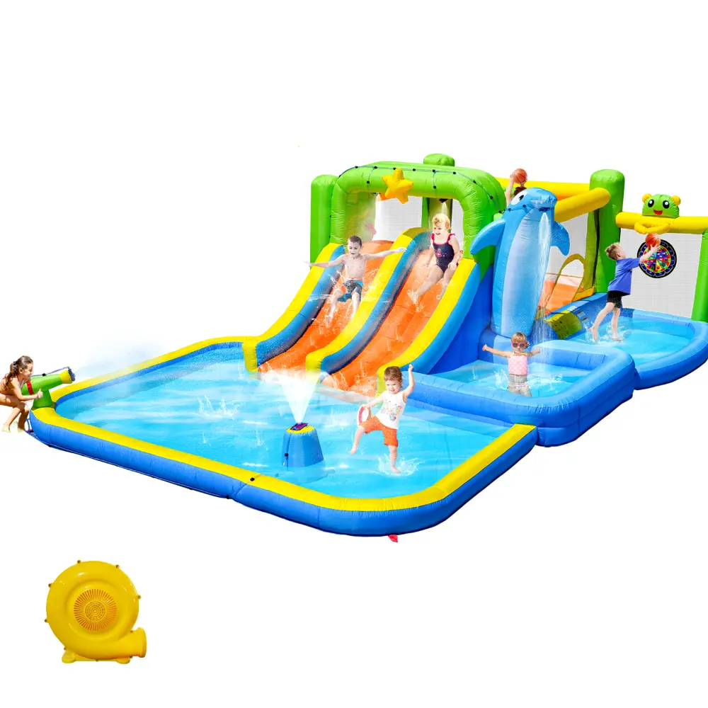 Inflatable Bouncy Castle Playground Equipment - 9-in-1 Multi Purpose Kiddie Multi-Use Outdoor Play Structure Inflatables & Bouncy Castles with Blower, Shower Soak Pool, Sprinkler, Fountain, Water Gun Target for Kids