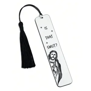Casual Silver Stainless Steel Bookmark with Letter & Cross Print, Fashion Tassel Accessory for Readers & Students