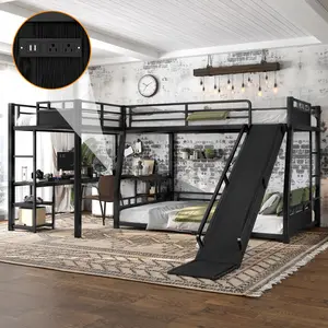 Kids Triple Bunk Bed L-Shaped with Slide Full/FullXL over Queen with Twin XL Loft Bed, Desk, and Storage Shelves,USB Charging Port Included, Heavy-Duty Metal Triple Bunk Bed with Slide,Black