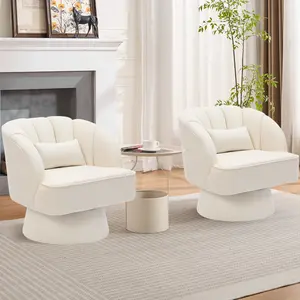Modern Swivel Barrel Accent Chair – 360° Rotating Upholstered Lounge, Striped Backrest, Soft Cushion & Pillow, Cozy Vanity or Living Room Armchair – Beige