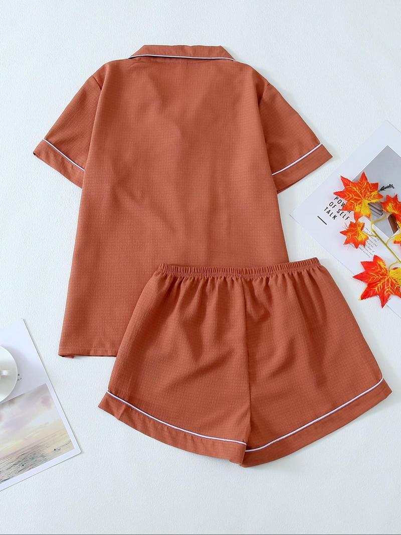 Women's Cartoon Bear Print Lapel Pocket Shirt & Elastic Waist Shorts Loungewear Set, Button Front Short Sleeve Top & Shorts PJ Set, Casual Comfy Pyjama Set Homewear for Women