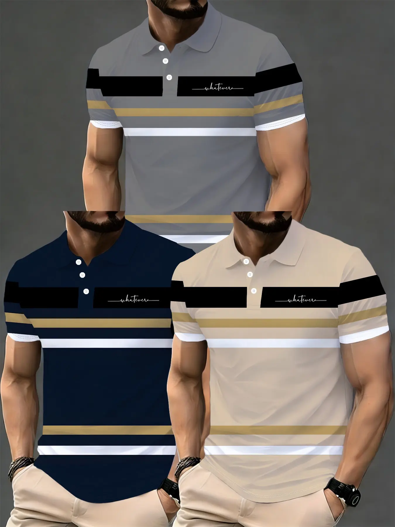 Men's 3-Pack American Style Layered Gold Striped Polo Shirts, Casual Fitted Short Sleeve, All-Over Print, Breathable Collar