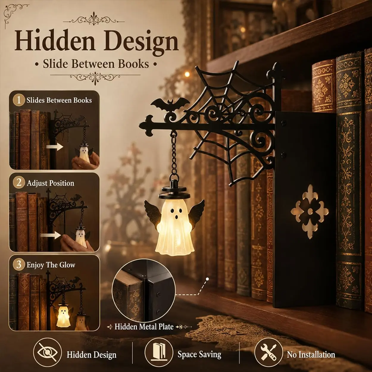 Library Bookshelf Light, LED Book Nook Decor Lamp with Vintage Metal Hanging Lantern Style, Warm Decorative Lighting for Reading Space, Bookshelf, Cabinet, Bedroom, Living Room, Office Desk and Aesthetic Home Decoration, Atmosphere Light