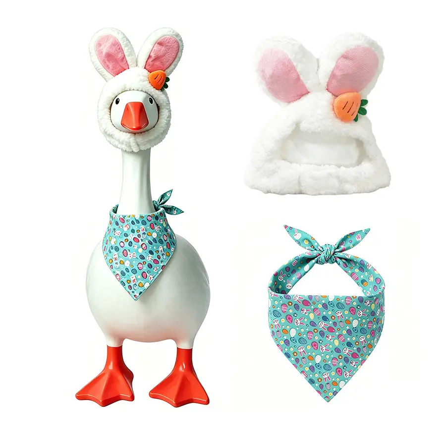 23inch Porch Goose Easter Decoration Bunny Hat Decoration Big White Goose Holiday Decoration Set Triangular Scarf