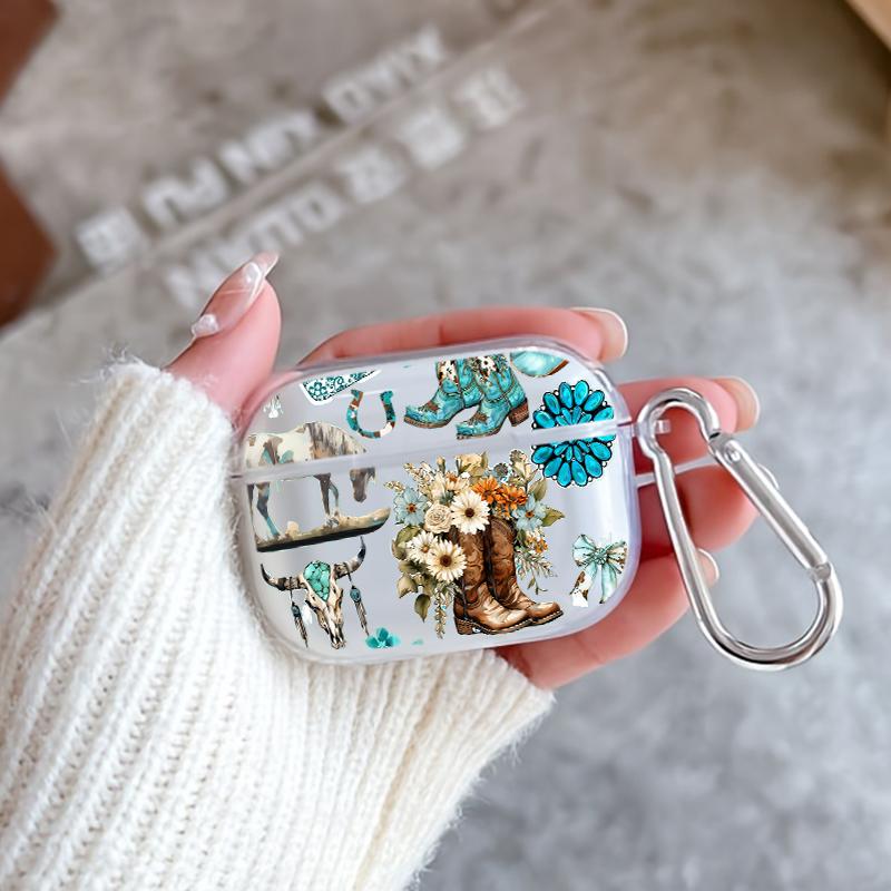 Western Charm Collage Pattern Protective Case for AirPods 4/3/2/1/Pro/Pro2 Soft TPU Earphone Cover, Transparent with Keychain