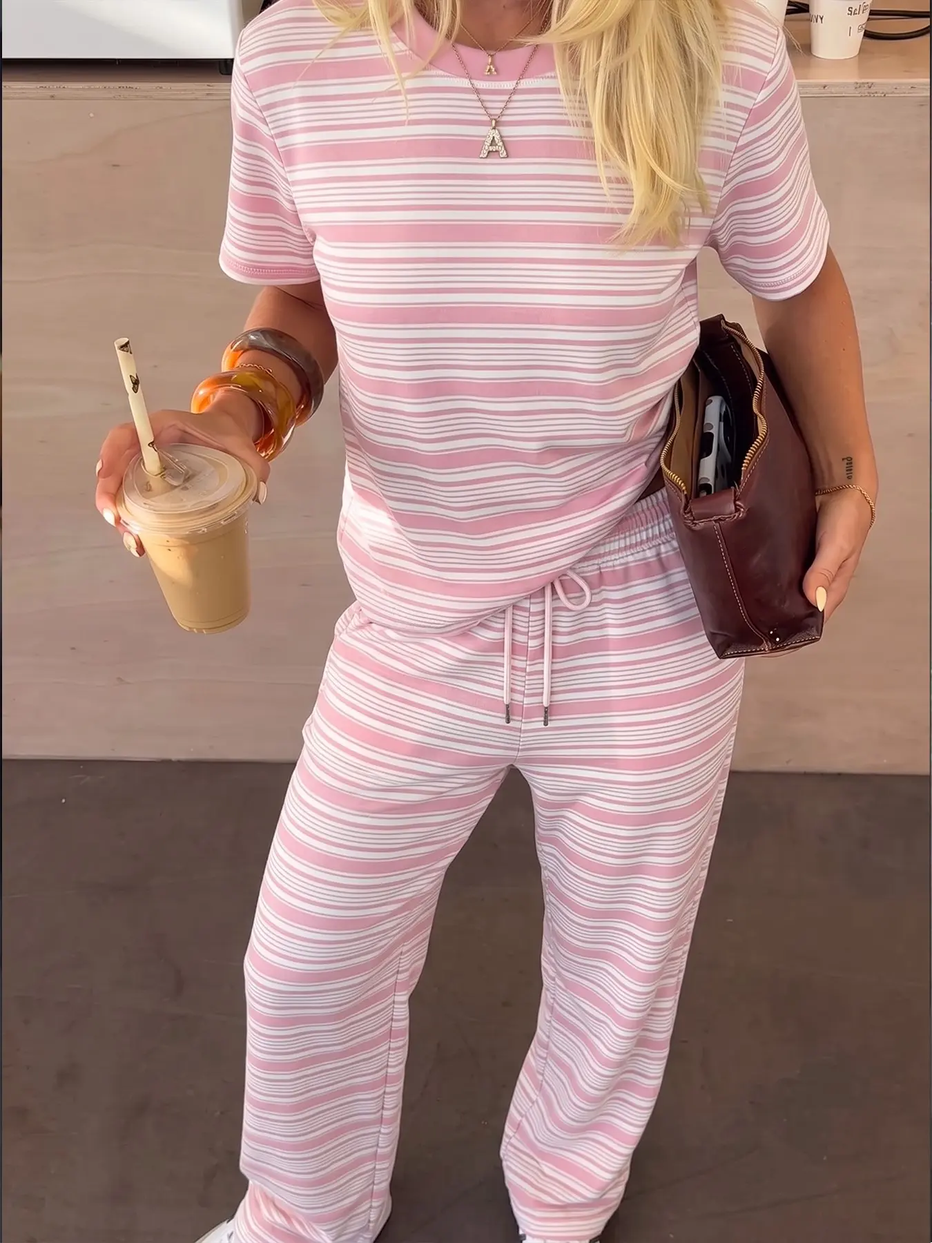 Women Sweet Pastel Pink Off White Equal Horizontal Stripe Two Piece Co Ord Set, Streetwear, Soft Breathable Knit Crew Neck Short Sleeve Top Elastic Waist Drawstring Draped Wide Straight Leg Pocket Pants For Cafe Street Home Summer Daily Wear 2026 Trendy