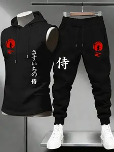 Men's Japanese Swordman Graphic Print Set, Hooded Sleeveless T-Shirt Vest + Drawstring Sports Pants, Casual Outdoor Wear, Casual Sportswear Outfit, Casual Sports Style, Athletic Sets, All Seasons