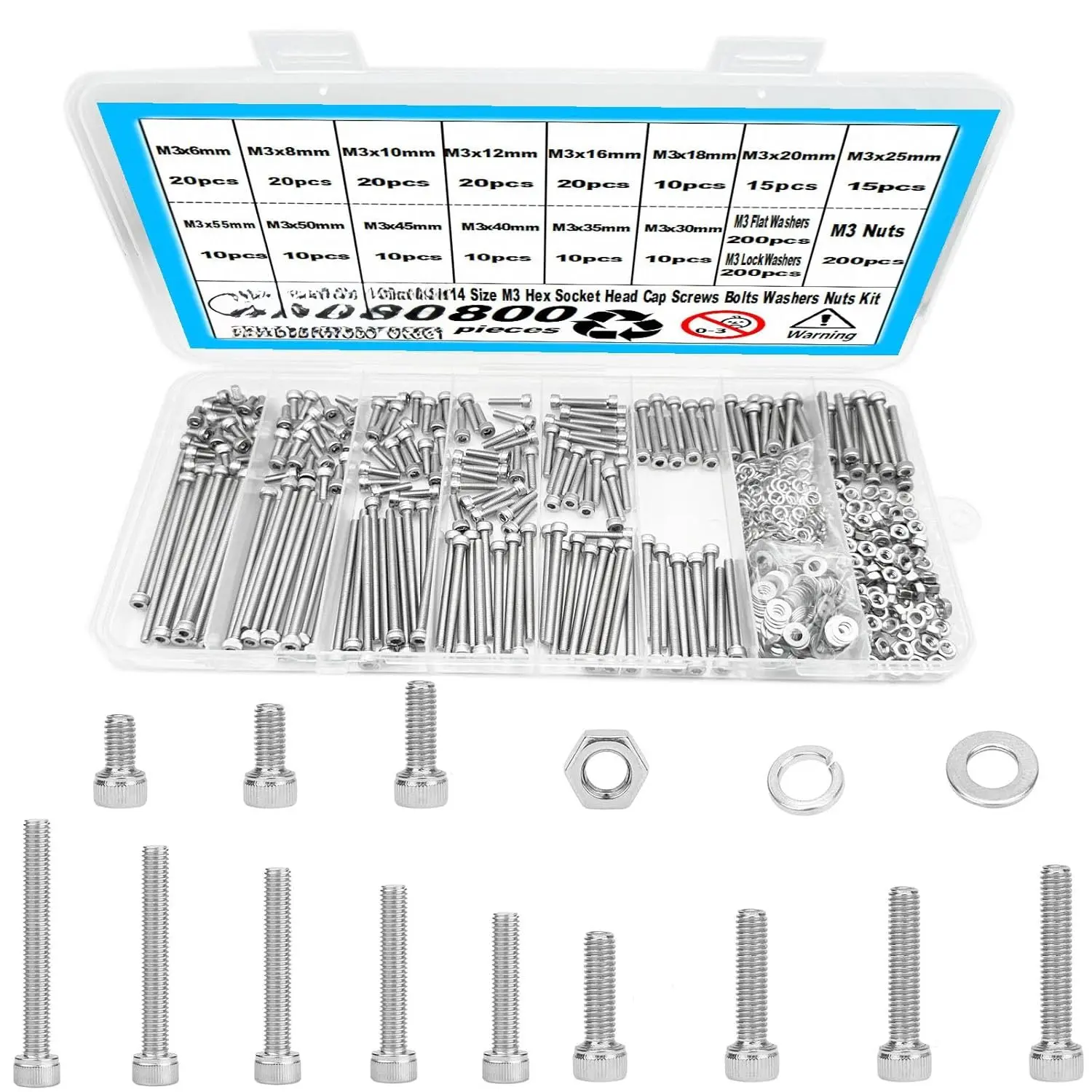 800 count M3 Screw Kit,M3 Hex Socket  Cap Screws  with Nuts and Washers,304 Stainless Steel Metric Screws,M3  for  Printing(M3 x 6/8/10/12/16/18/20/25/30/35/40/45/50/55mm)