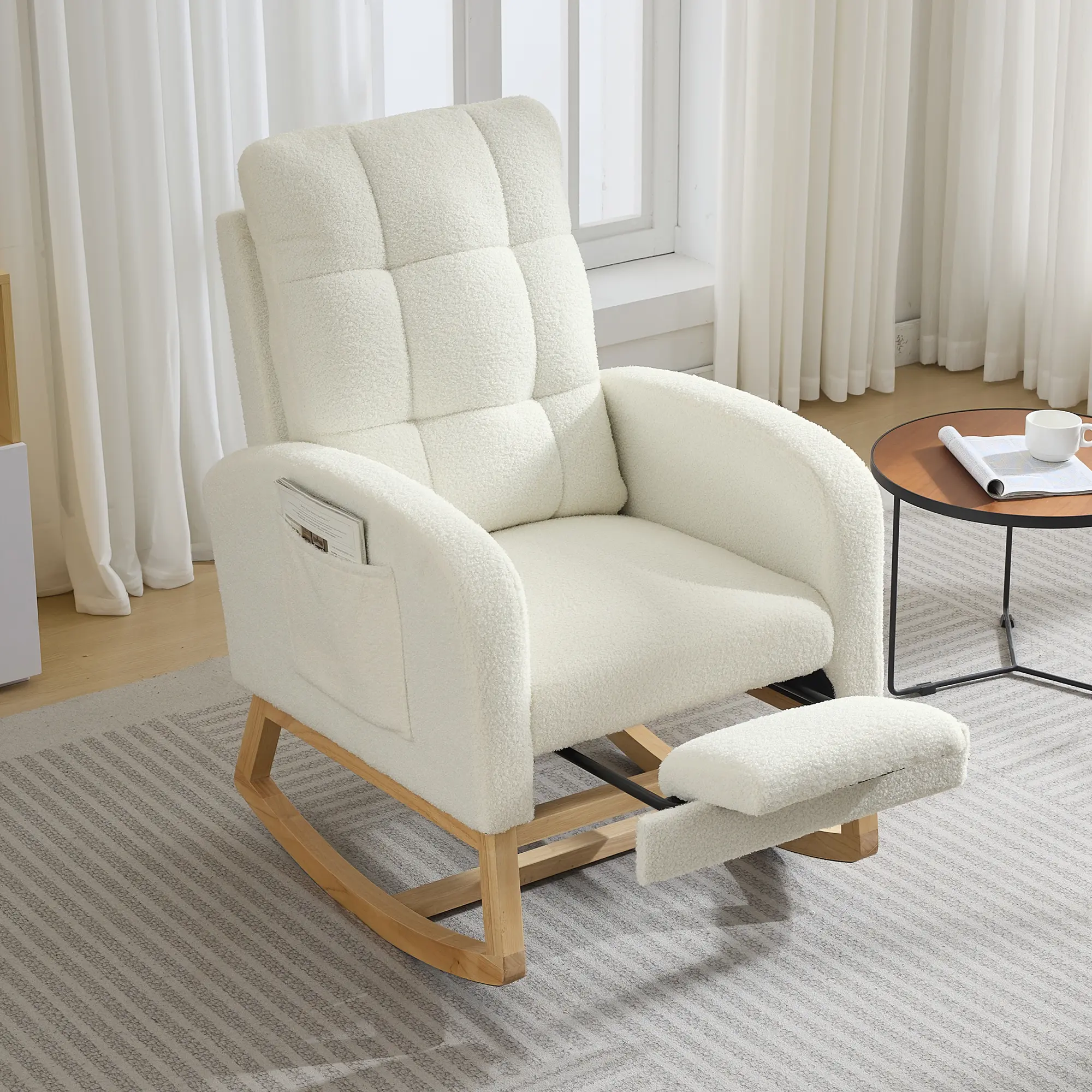 Nursery Rocking Chair, Wooden Glider Rocker Chair with Side Pocket, Upholstered Accent Chair for Nursing Room, Living Room