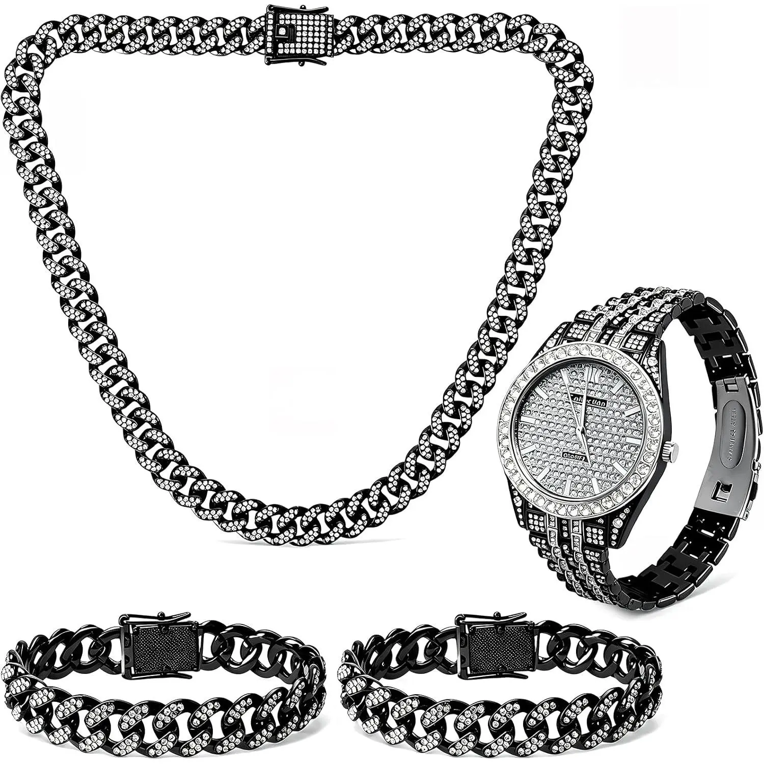 4 count Cuban  Set for Men  Watch Necklace Bracelets | , Cubic Zirconia, Cuban Link Chain, Iced Out Bling Rhinestone,   Black,  Hop  Set for Men