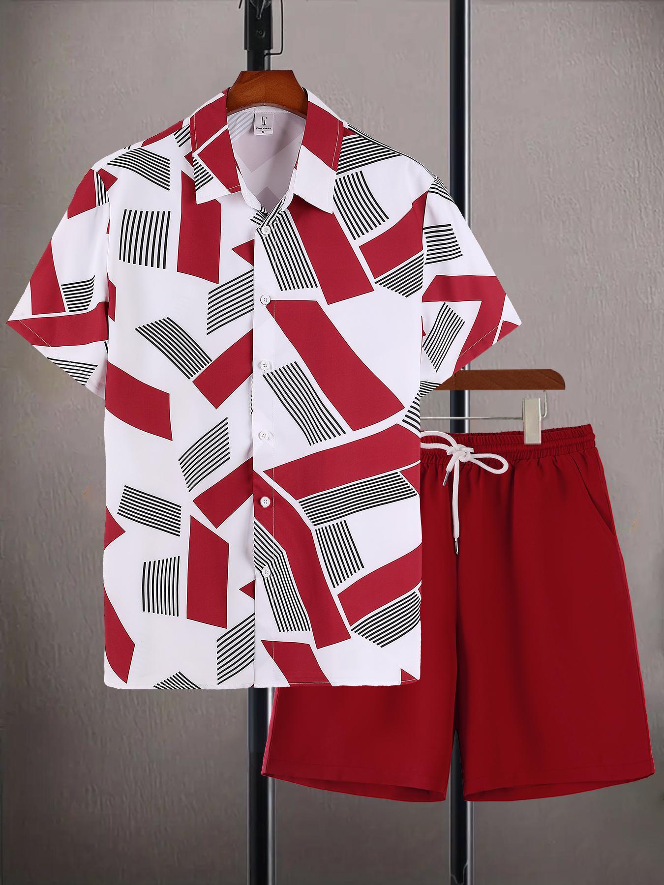 Men's Geometric Print Shirt & Shorts Two-piece Set, Regular Fit Casual Short Sleeve Collared Top & Shorts, Men's Summer Clothes for Beach Vacation