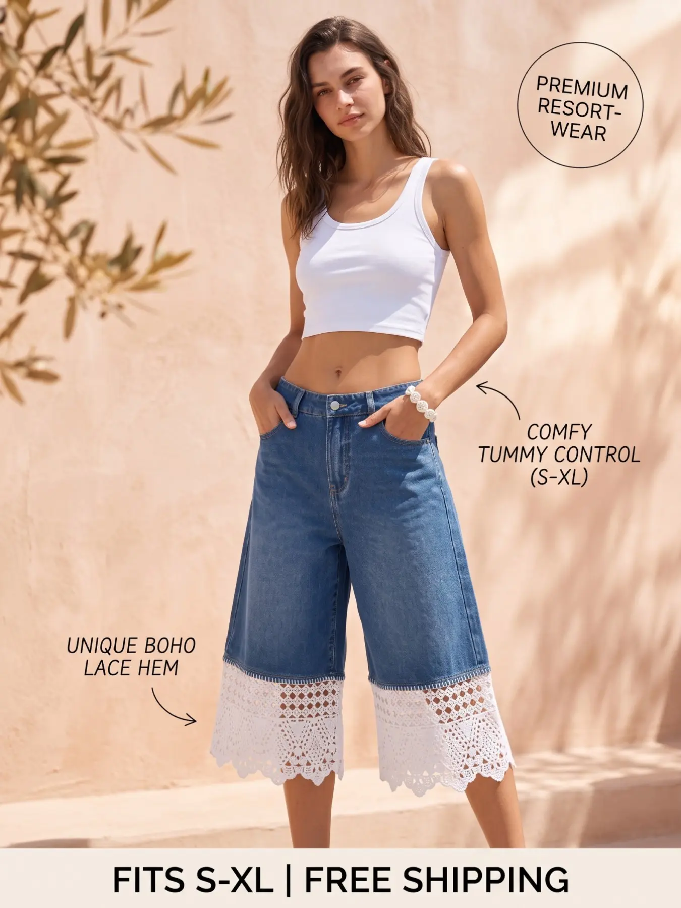 Women's Boho Denim Capri Pants, Contrast Lace Design, Wide-Leg Cropped Trousers, Casual Knee-Length Pajamas, Perfect for Daily Wear