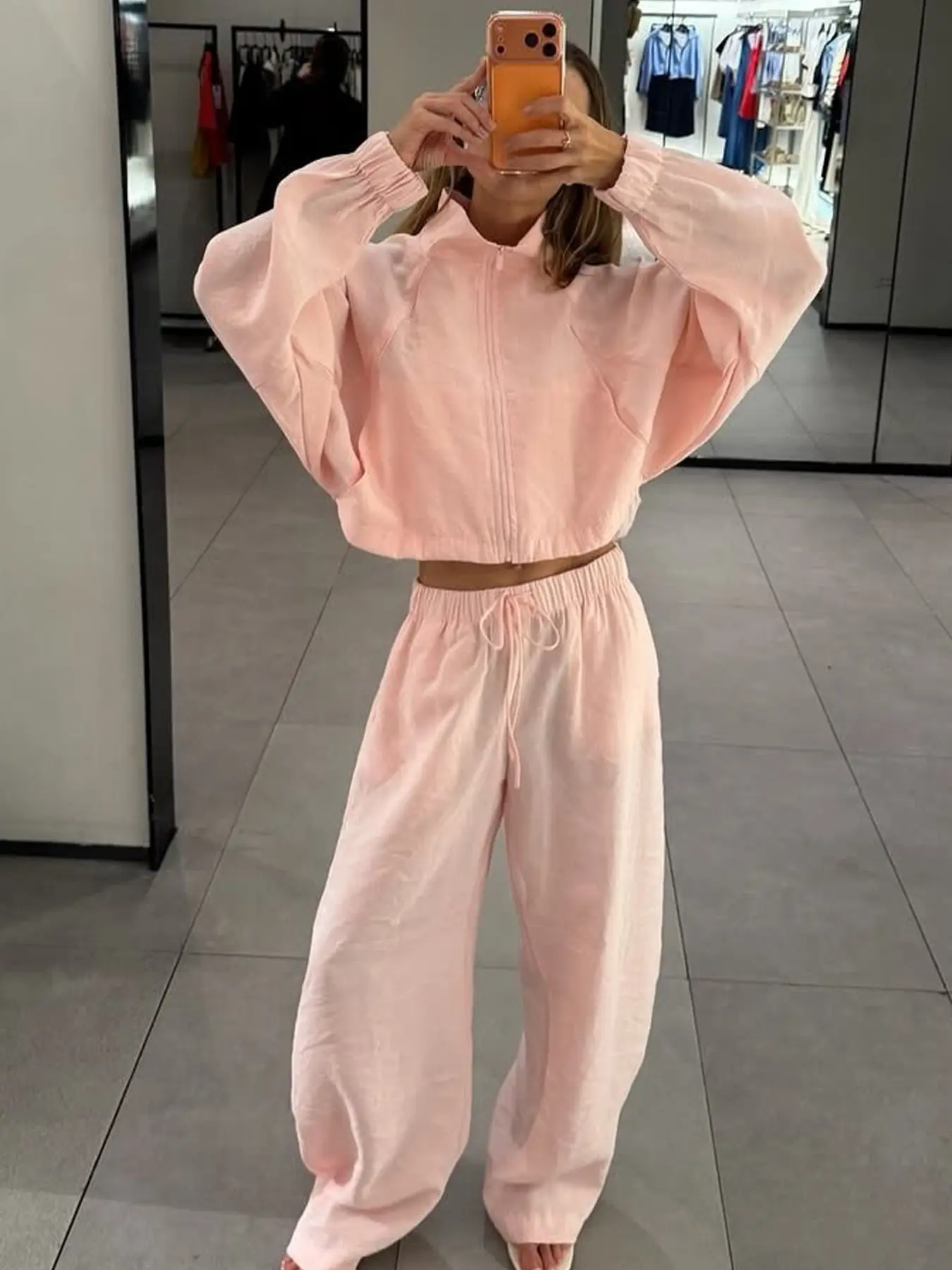 Women's 2 Piece Set Tracksuit Pink Pants Suit Women Grey 2 Pieces Sets Zip Up Long Sleeve Crop Jacket Coat Wide Leg Pants Casual Loose Set Of 2 Pieces For Women Sport Outfit For Woman