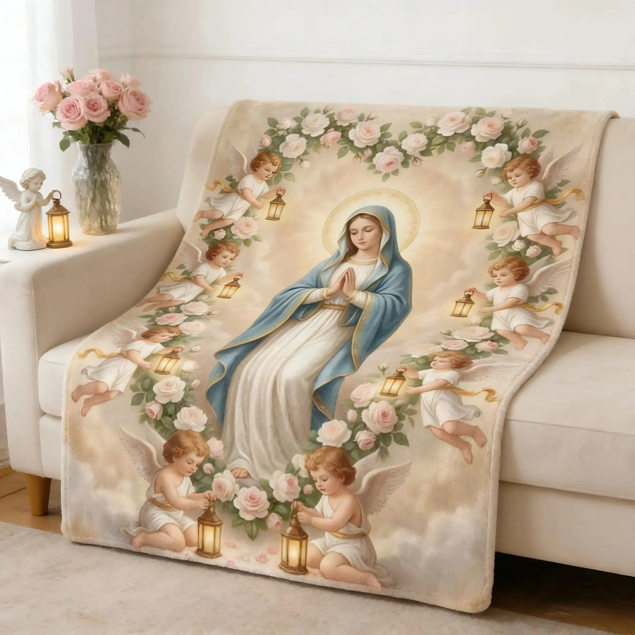 Virgin Mary Cherubs & Rose Wreath Sacred Art Flannel Throw Blankets Cooling Blankets Cooling Blanket Duvet Bedding Bed Accessories Comforter Set Soft Cozy Elegant Decorative Giftable Blanket for Bedroom Prayer Space Catholic Faith Birthday Christmas Holid