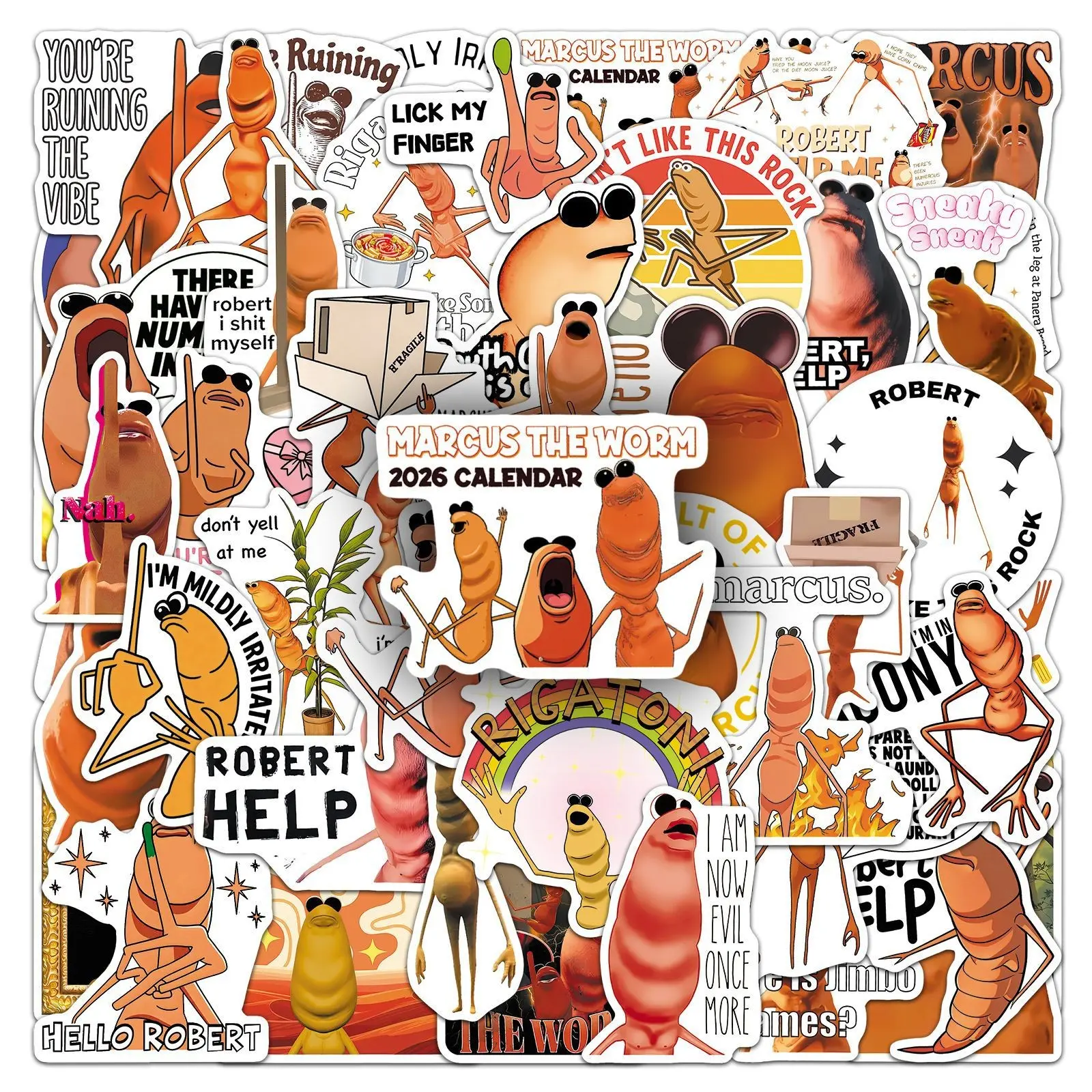 50pcs Marcus the Worm Stickers, Waterproof Cartoon Meme Decorations, Funny Cross-Border PVC Stickers for Computers, Apple Compatible