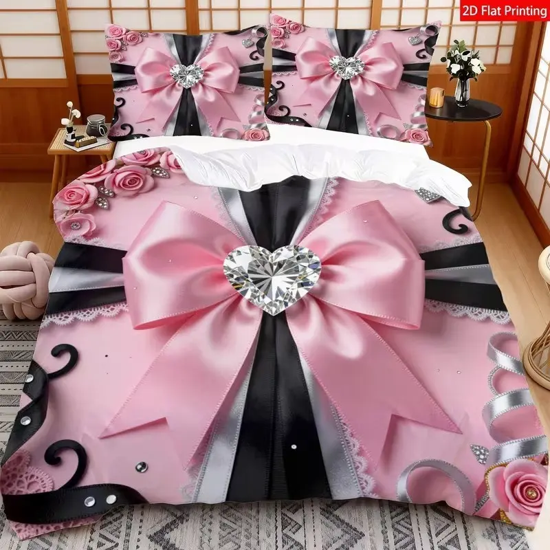 3-piece bow-shaped diamond printed bedspread set (1 bedspread + 2 pillowcases, without core), soft, comfortable and decorative bedding set, suitable for bedroom, dormitory, guest room and home decoration.