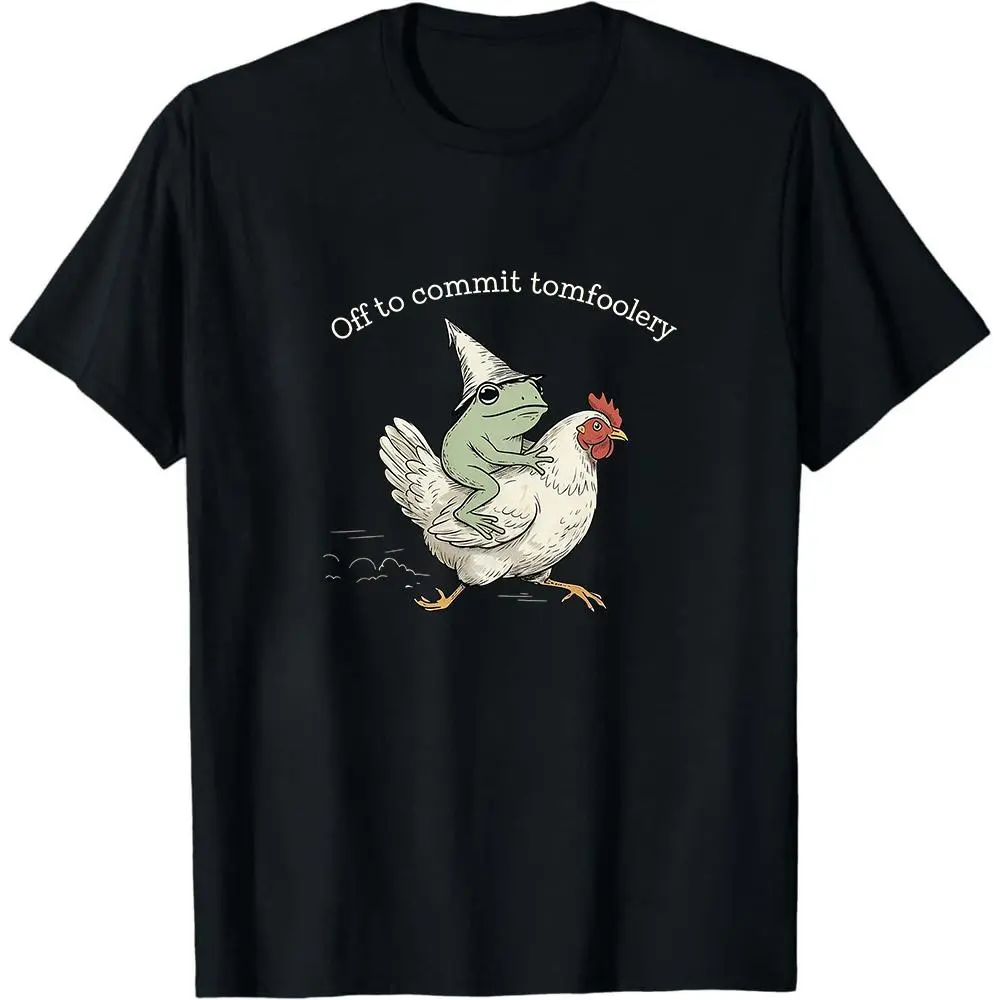 Unisex Funny Graphic T-Shirt - Frog Riding Chicken Design, Off to Commit Tomfoolery Sarcastic Tops, Casual Sports & Outdoor Clothes