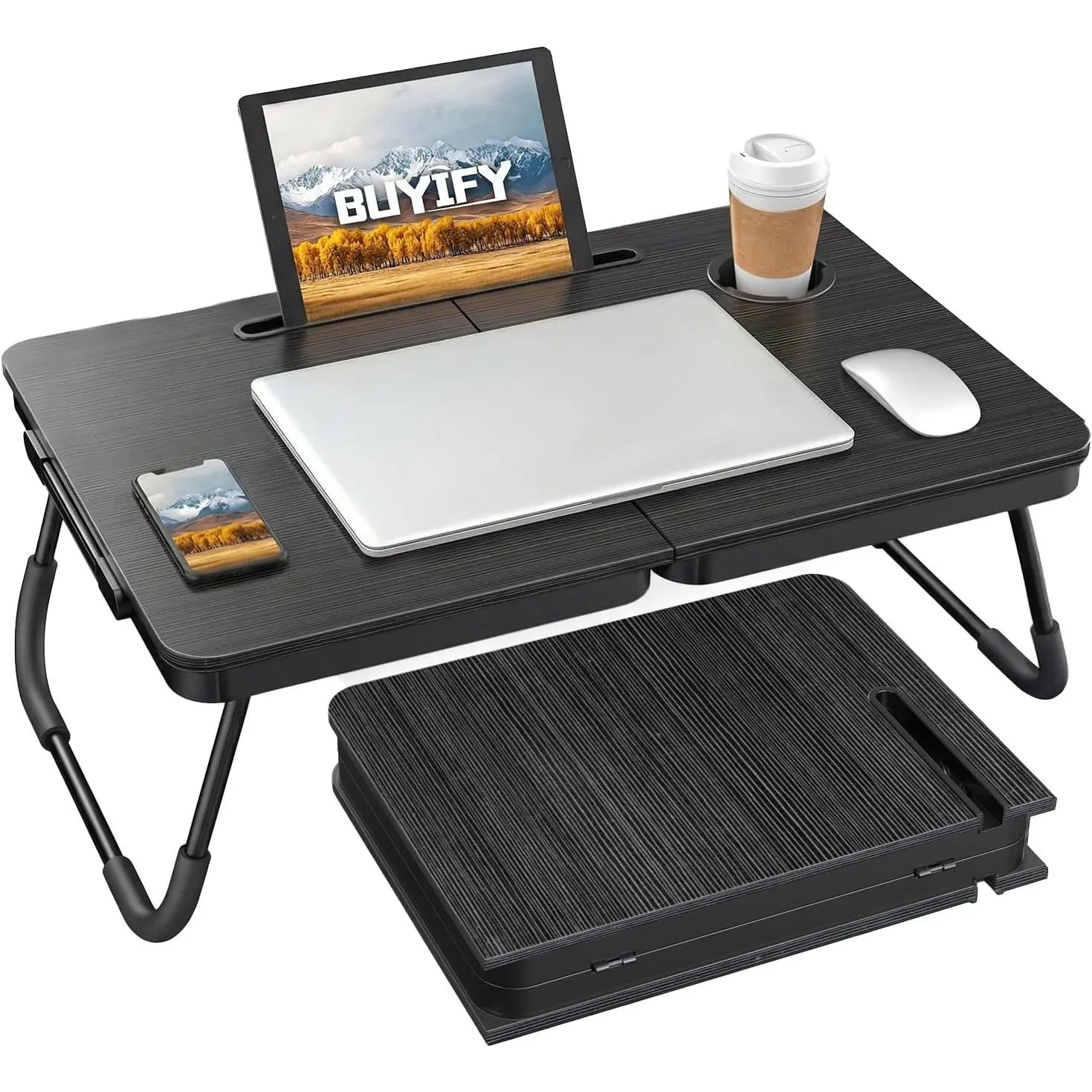 23.4" Foldable Lap Desk Bed Table with Cup Holder Portable TrayBlack | Folds Flat for Easy Storage, No Assembly Laptop Bed Desk, Sturdy and Lightweight, Versatile for Work Eat Study, Patent DesignGift.