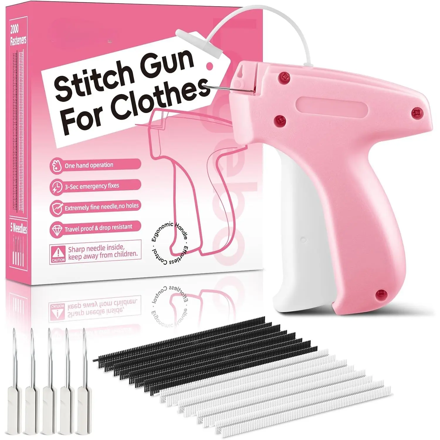 Upgraded Stitch Gun for Clothes, Handheld Quick Clothing Fixer, Clothing Tagging Gun for Home & Retail Use, Includes 6 Needles, 2000 Black & 2000 White Fasteners (Pink,1 Pack+4000 Fasteners)