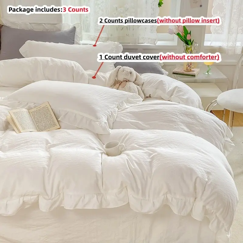 3pcs Korean ruffles Style Ruffled Bedding Set, white ,pink 1 Duvet Cover & 2Pillowcases,without any filling, 100% Polyester, fit twin ,queen ,king size bed,All Seasons