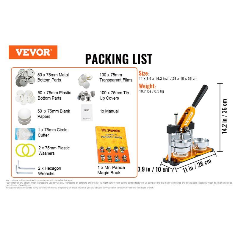 VEVOR Button Maker Machine, 75 mm (3 inch) Badge Punch Press Kit, Children DIY Gifts Pin Maker, Button Making Supplies with 100pcs Button Parts Circle Cutter Magic Book