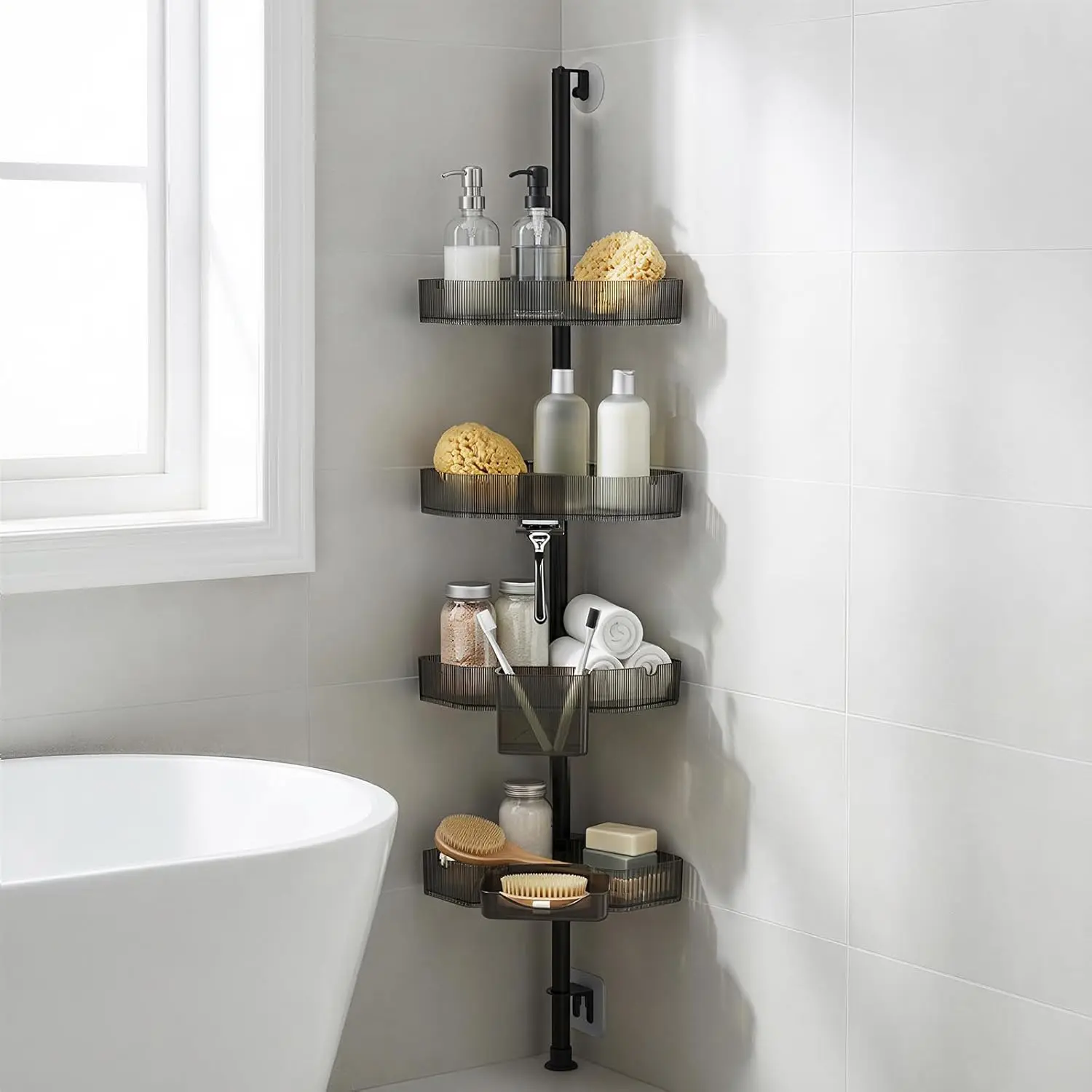 Corner Shower Caddy, Extendable Rustproof Shower Organizer Adjustable 4-Tier Bathroom Shelves Anti-Tipping Bathtub Shampoo Storage Floor Standing Bath Rack Shower Shelf with Soap Dish