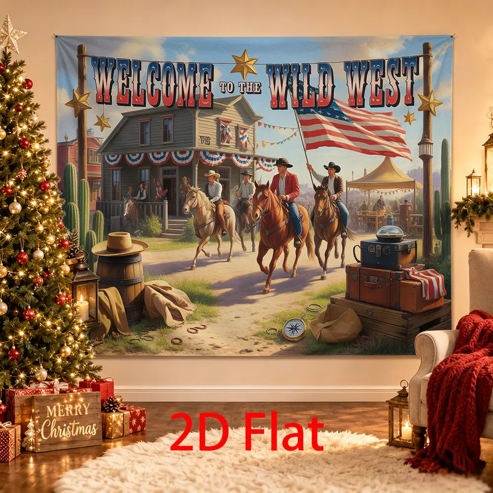 Patriotic Western Cowboy Backdrop, American Flag Horse Cactus Rustic Frontier Party Background, Country Photo Booth Decor