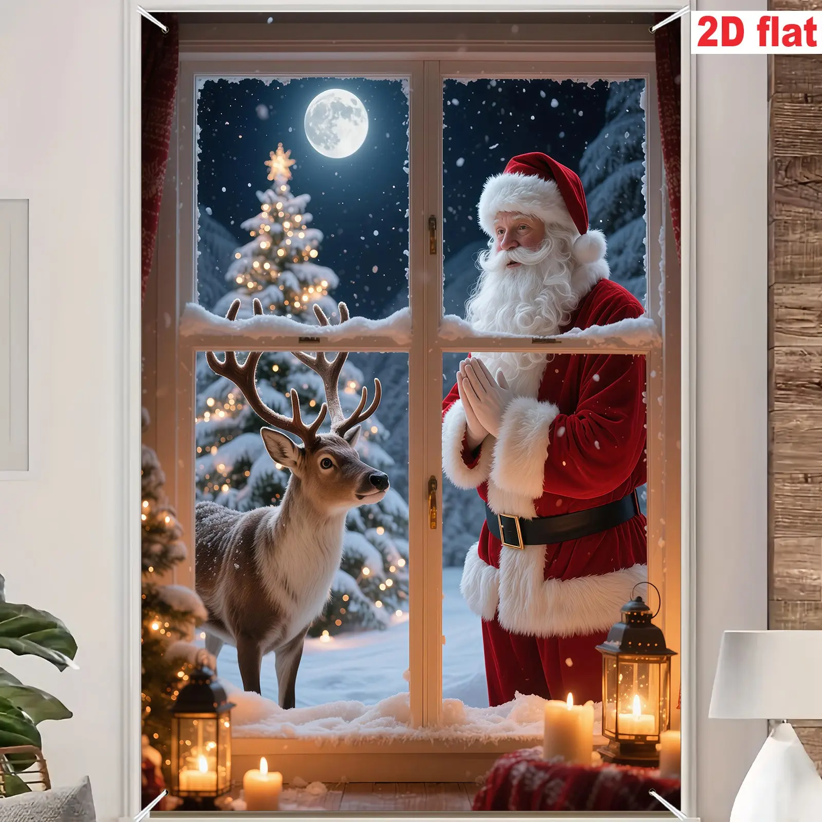 Christmas Window Banner, Polyester Material, Santa Claus Design, Indoor Outdoor Decoration, No Power Needed, Easy Hanging, 80x120cm