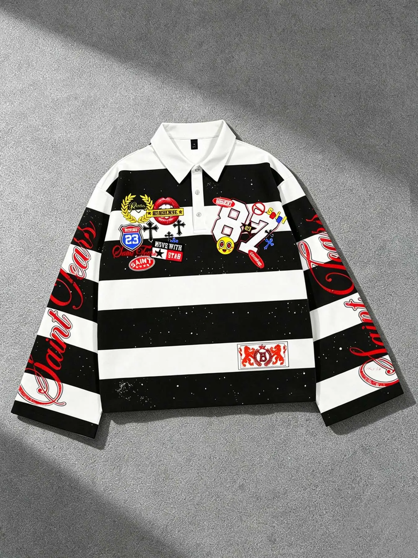 Badge 87 number striped print shirt long-sleeved Polo shirt for men, short version heavy-duty street style bell sleeve shirt collar T-shirt for women loose sports jersey rugby shirt for men spring and autumn, Y2K hip-hop loose casual lapel top