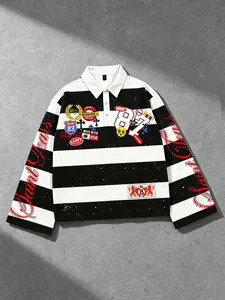 Badge 87 number striped shirt long-sleeved Polo shirt for men, short version heavy-duty street style bell sleeve shirt collar T-shirt for women loose sports jersey rugby shirt for men spring and autumn, Y2K hip-hop loose casual lapel top