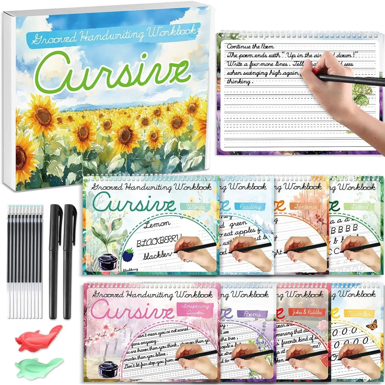 8 Pack Grooved Cursive Handwriting Workbook with Disappearing Ink Pens Magic Grooved Cursive  Handwriting Practice Books Copybooks for  Beginners Learning Activities Supplies