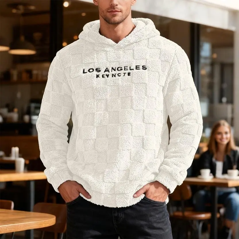 Los Angeles Embroidered Sherpa Fleece Hoodie, Unisex Oversized Pullover Sweatshirt, Warm Casual Long Sleeve Hooded Top for Fall Winter Streetwear