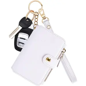 Wallet, Womens card Holder Leather Keychain Wallet With Zipper Coin Pocket ID Window Wrist Strap Gift Box (White)