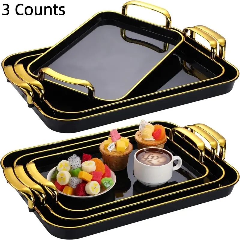 3 Pcs Serving Tray with Handles, Stackable Serving Platters, Rectangle Food Trays, Party Platters for Dinner, Dessert Serving Trays, Fruit and Snack Plates, Plastic Food Tableware for Entertaining, Dinner Parties, Weddings
