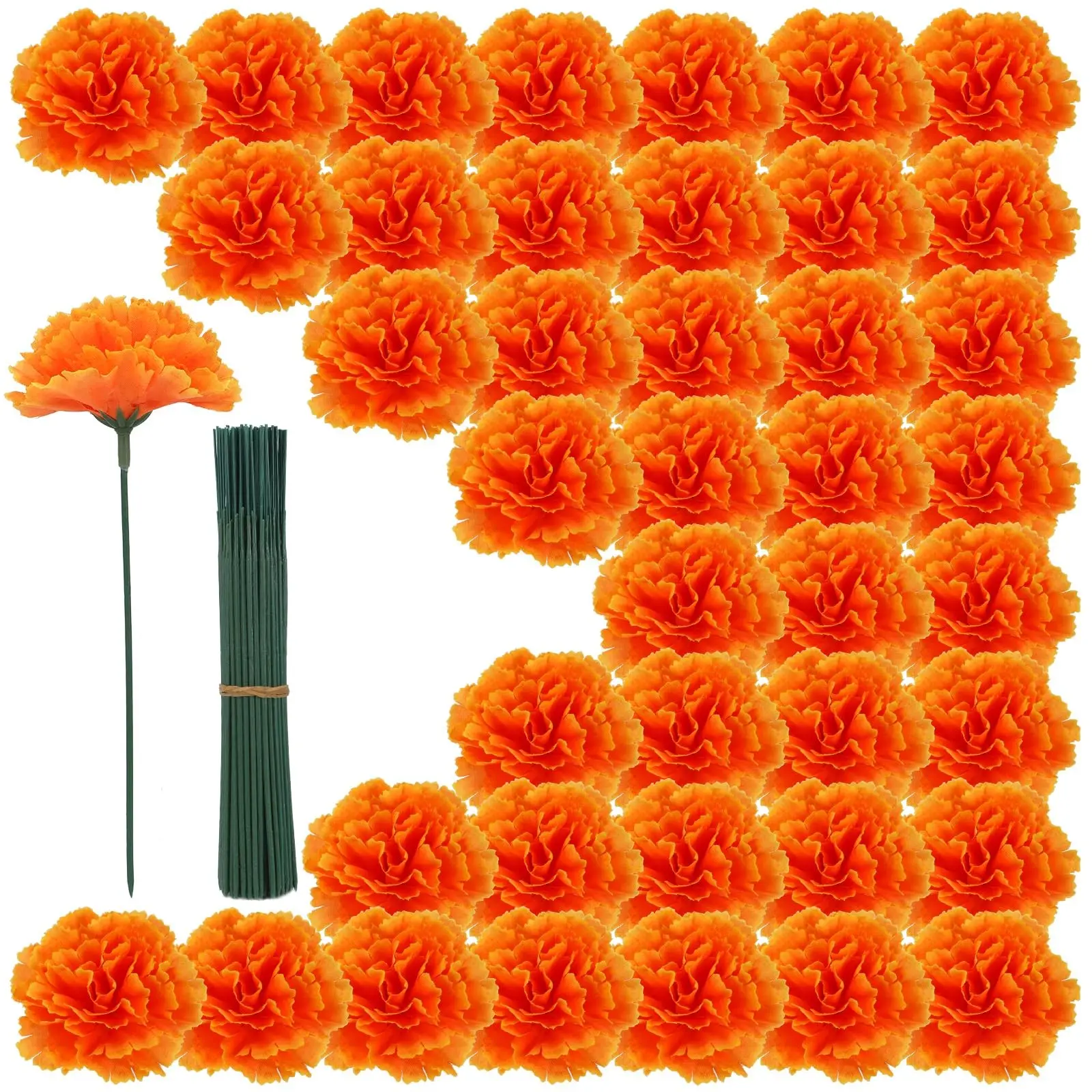 100PCS Orange Artificial Marigold Flower Heads with Stems | Vivid Faux Cempasuchil for Día de los Muertos Altar, Day of the Dead, Halloween, Mexican Party, DIY Garland & Wreath Décor