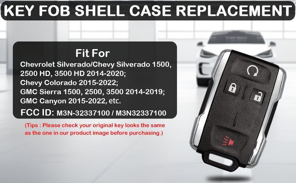 WOAOW Automotive 4-Button Keyless Entry Remote Key Fob Shell Replacement - TikTok-Fulfilled 3-Day Fast Shipping - Fits Chevy Silverado/Colorado, GMC Sierra 1500/2500/3500 HD/Canyon (2014-2021) - OEM Part M3N-32337100, Chevy/Gmc, Abs+Zinc