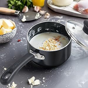 Home Nonstick Sauce Pan with Glass Lid 2-Qt, Multi-purpose Pot Saucepan Kitchenware, Black, Aluminum