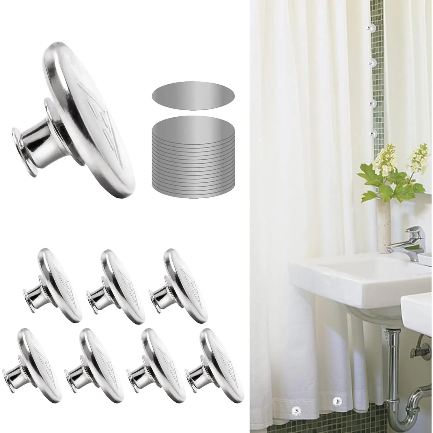 8 Pcs Shower Curtain Weights Magnetic with Back Tack, Keep Curtain Liners Closed&Tight to Side Walls, Windproof Stop Protect Splash Clips Heavy Strong Magnets Add Weight with 16 Patch, for All Tubs