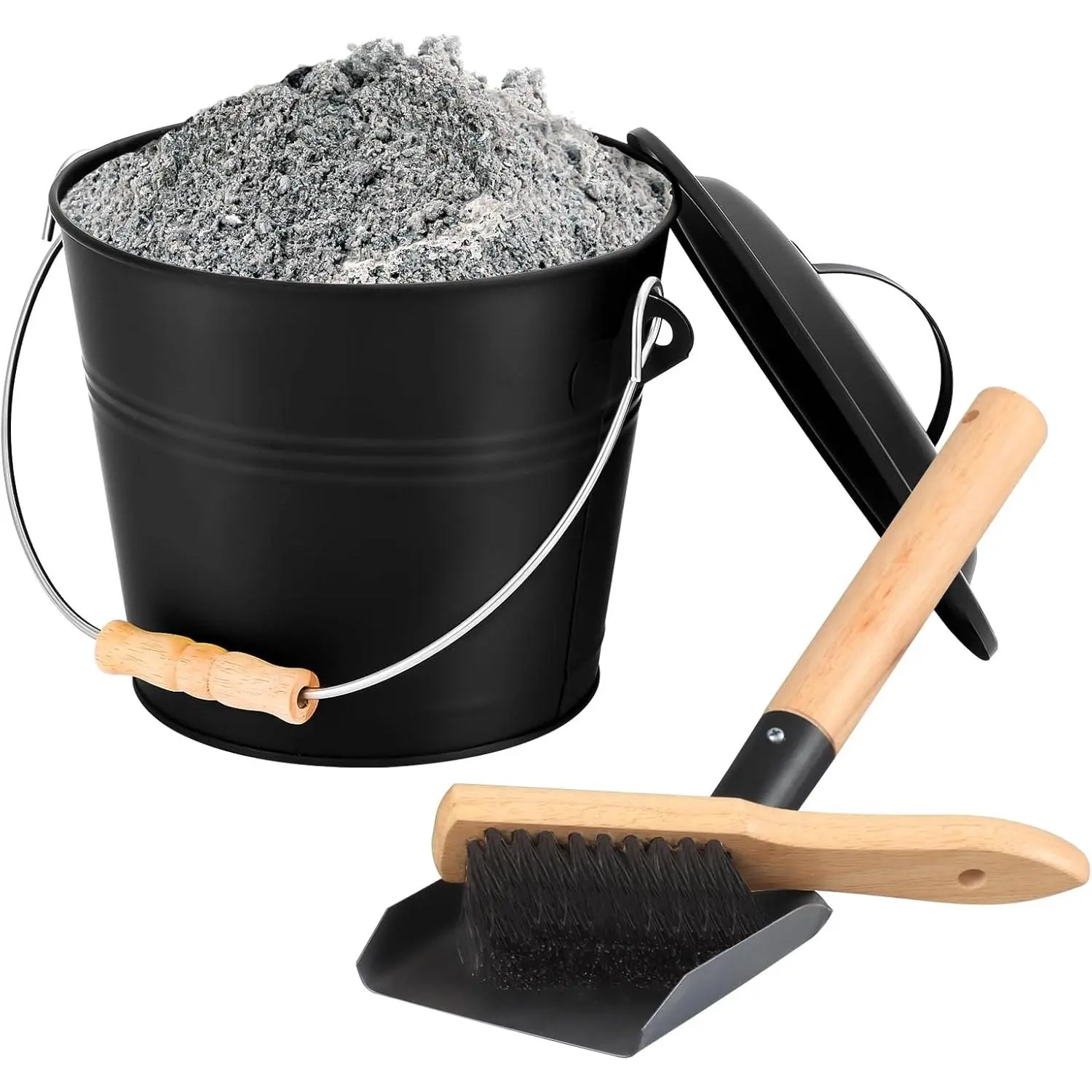 Fireplace Tools Set, 1.5 Gallon Mini Ash Bucket with Lid, Shovel, Heat-Resistant Brush & Screwdriver, Heavy Duty Galvanized Iron Ash Cleaning Tool Set, Compact 7.5" x 8.8" x 6.4", Black