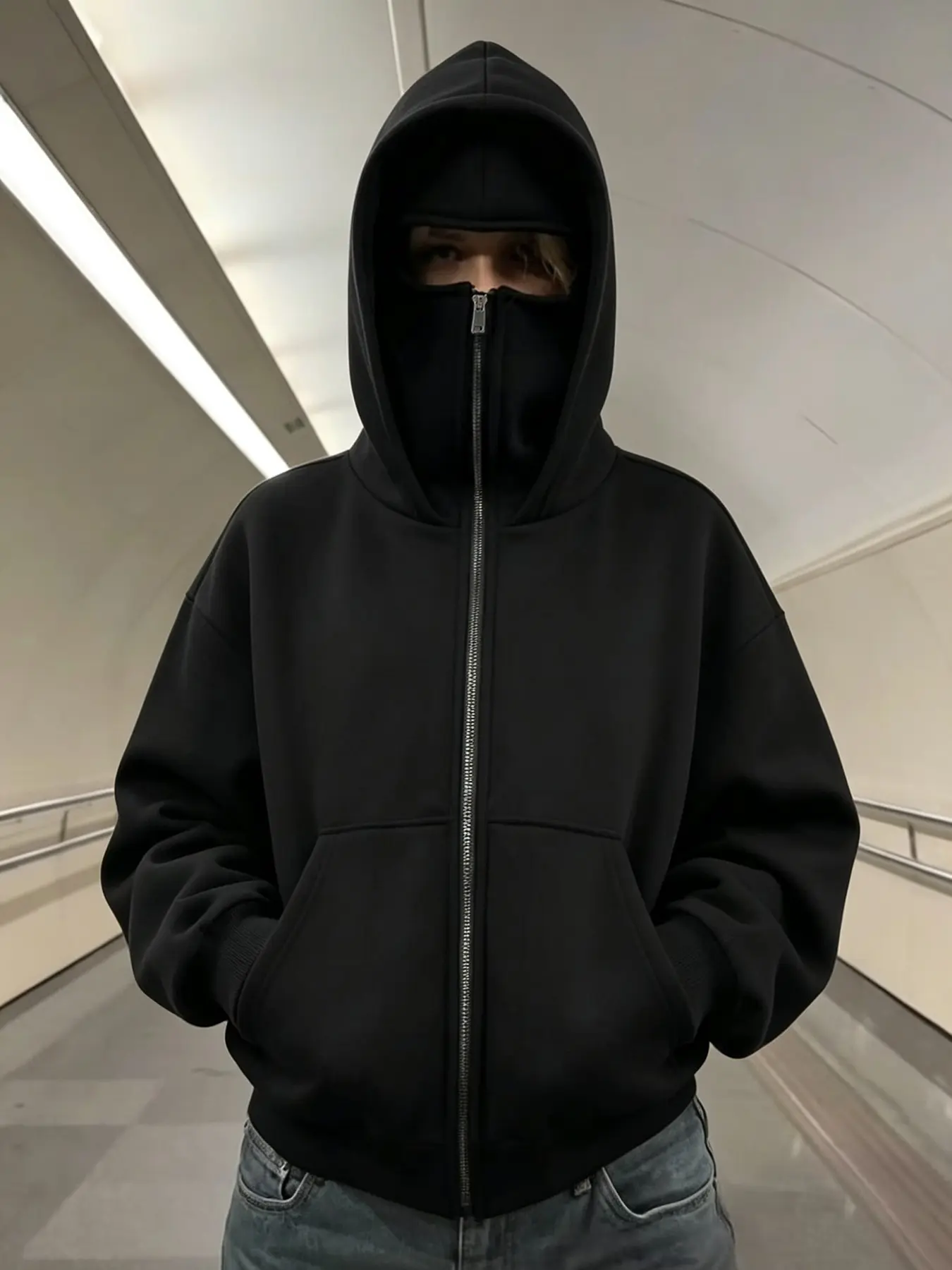 Women's Zip-Up Face-Cover Hoodie, Sweatshirts, Techwear Solid Black Loose Long-Sleeve Jacket, Casual, Ideal For Daily Street Style And Outdoor Occasions