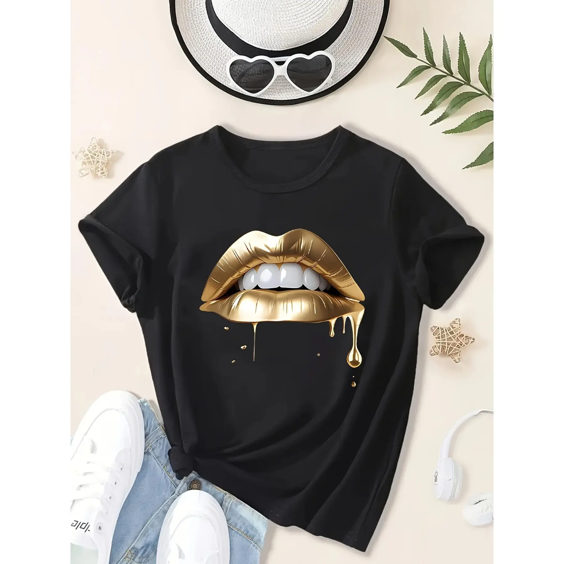 Chic Gold Dripping Lips Faux Foil Graphic Tee - Standard Pure Cotton Tshirt | Front Print Stylish Makeup Top for Women & Men, Short Sleeve Crewneck Regular Fit for Daily Wear and Streetwear