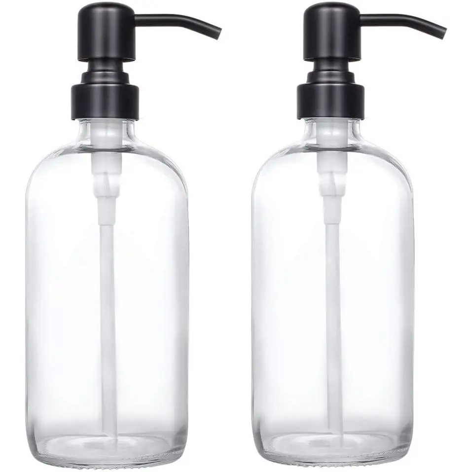 2 Pack Thick Clear Glass Pint Jar Soap Dispenser with Matte Black Stainless Steel Pump, 16ounce Clear Boston Round Bottles Dispenser with Rustproof Pump for Essential Oil, Lotion Soap