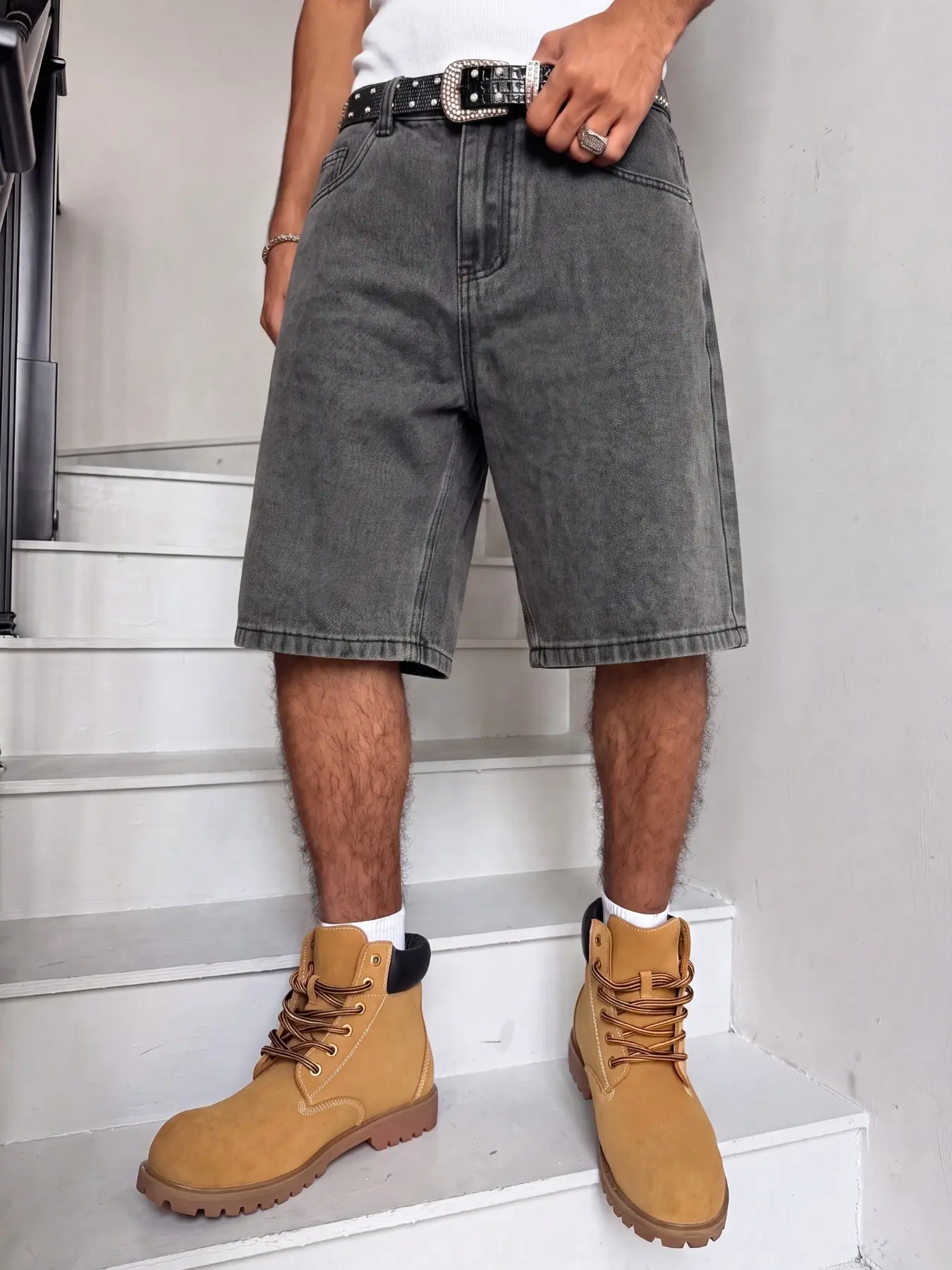 Men's American Vintage Washed Loose Jeans Shorts, Plain Color Panel, Casual Daily Wear, Suitable for Various Occasions, Vintage Washed Look