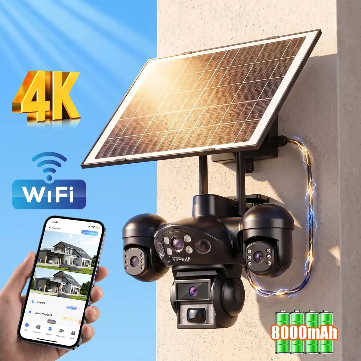 Wireless Solar Security Camera, Wall Mountable 4K Triple-Lens 3-Angle Monitoring, 8000-mAh Large Battery, IP66 Waterproof, WiFi Enabled, Adjustable Audio for Home & Yard,toolupgrade