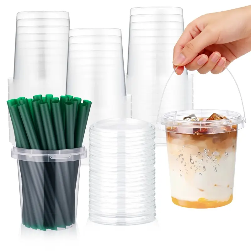 30 Sets 24oz drink buckets with lids and straws |   Leak-Proof PP Material |   reusable cups with straw |   Ideal for Hot/Cold Drinks, to go , Parties & Events/ iced coffee buckets,large plastic cup,food truck supplies # coffeebucket