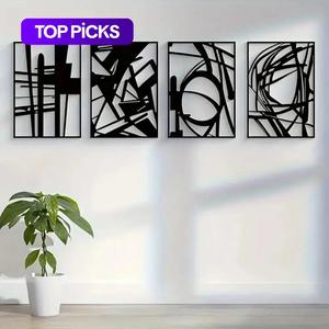 abstract metal black wall art, 4 counts/set minimalist line metal sculpture, modern wall decor for home interior living room bedroom office, poster, decoration, geometric print, decoration