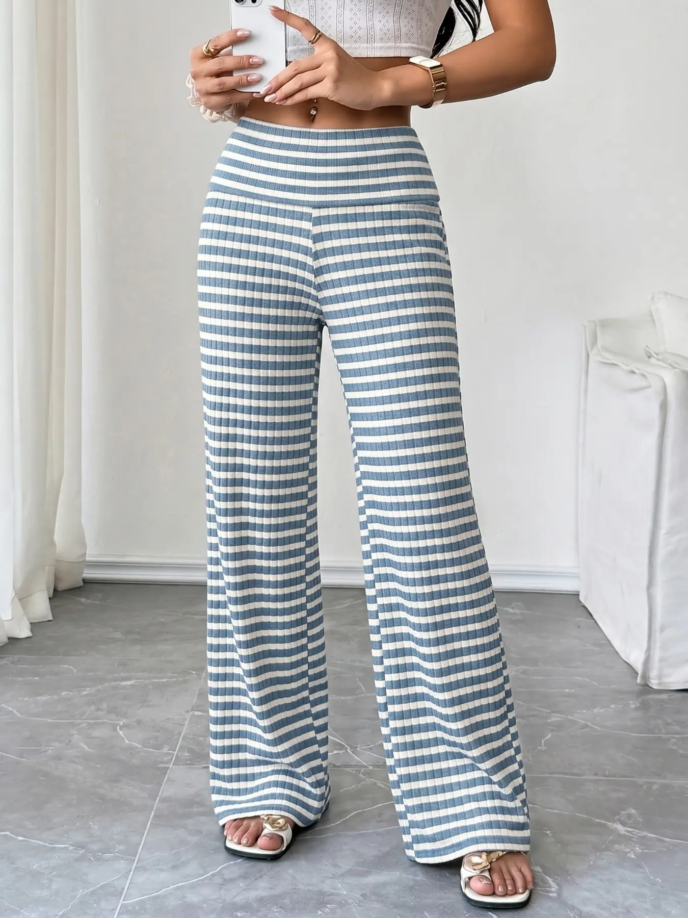 Women Soft Ribbed Knit Striped Fold Waist Wide Leg Pants Stretchy Breathable Loose Flared Trousers Casual Loungewear Athleisure Summer Vacation Palazzo Pants Lightweight Comfy Beach Relaxed Elastic Waist Trendy Bottoms, Casual Chic Trousers