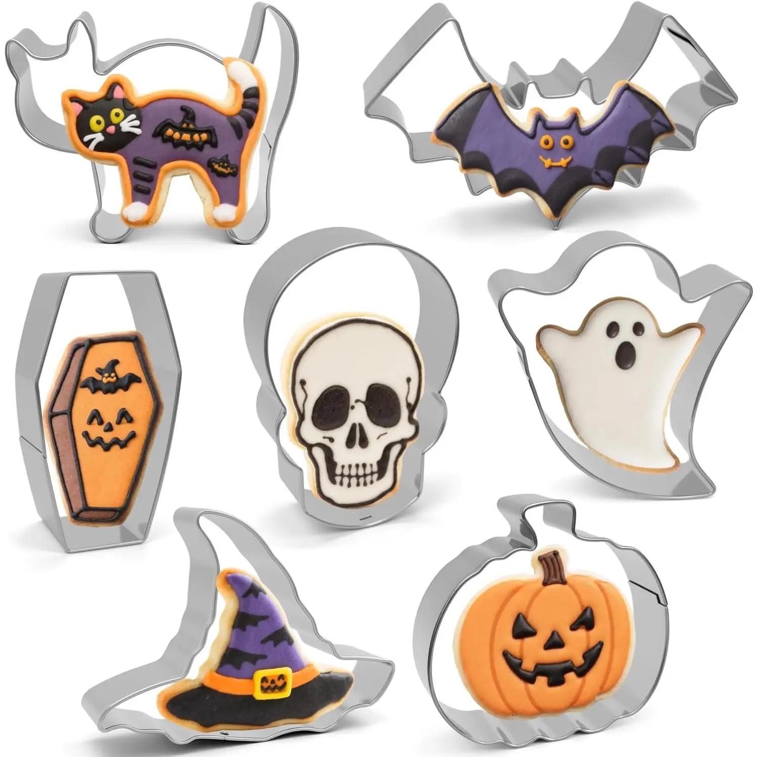 Halloween Cookie Cutters 3 Inch Set of 7 | Large Bat, , Pumpkin,  Hat, , Skull, Coffin Shapes, Stainless Steel Metal Biscuit Mold for Halloween Baking