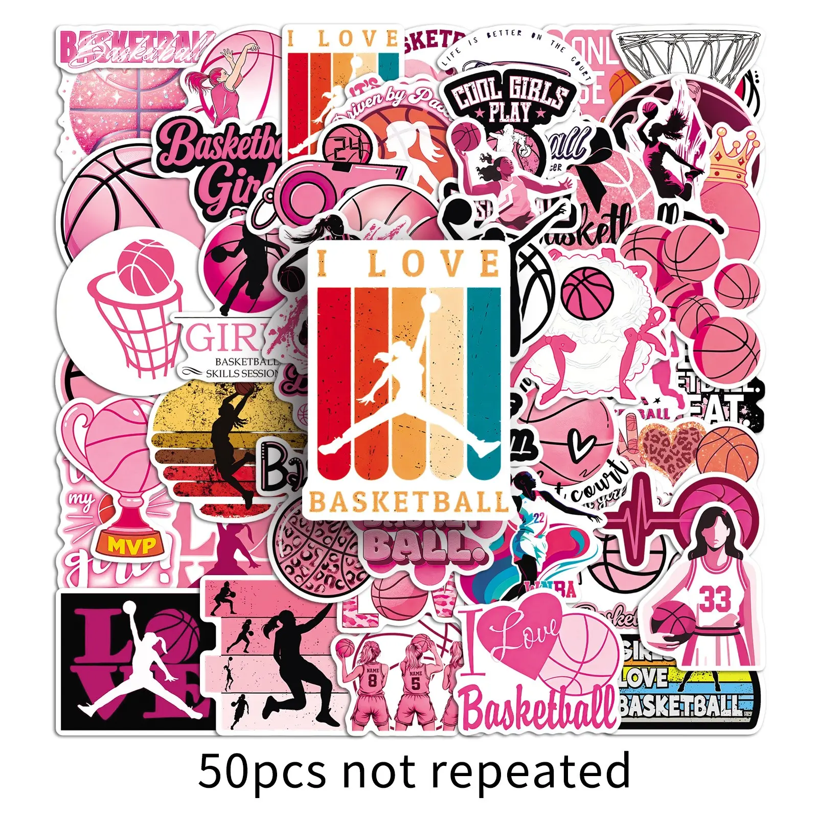 50pcs Women Basketball Stickers, Waterproof Cartoon Design, Decorative Cup Lids, Sports Theme, Ideal for Cross-Border Sales